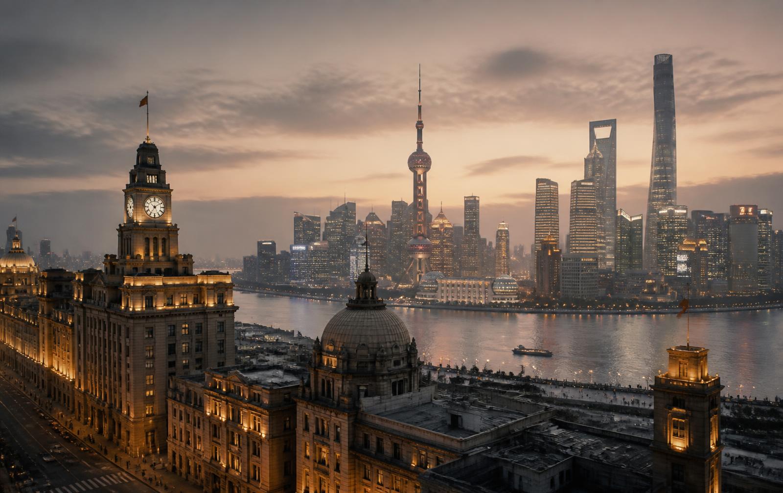 The Bund waterfront at dusk with the Pudong skyline reflected in the Huangpu river